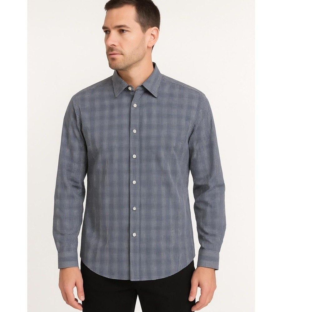 Michael Kors Shirt Mens 17 1/2 34 35 Navy Long Sleeve Check Pattern Button Down